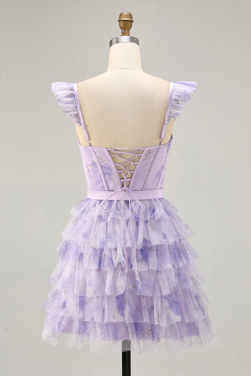 Lilac Tiered Tulle A-Line Corset Homecoming Dress with Ruffles